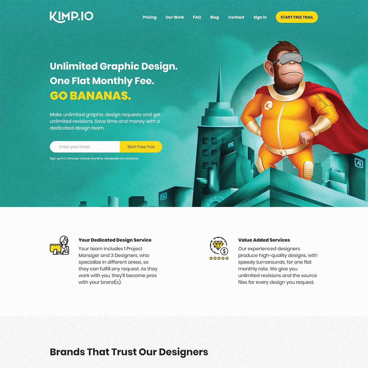 Kimp.io website redesign, page section 1 of 7.