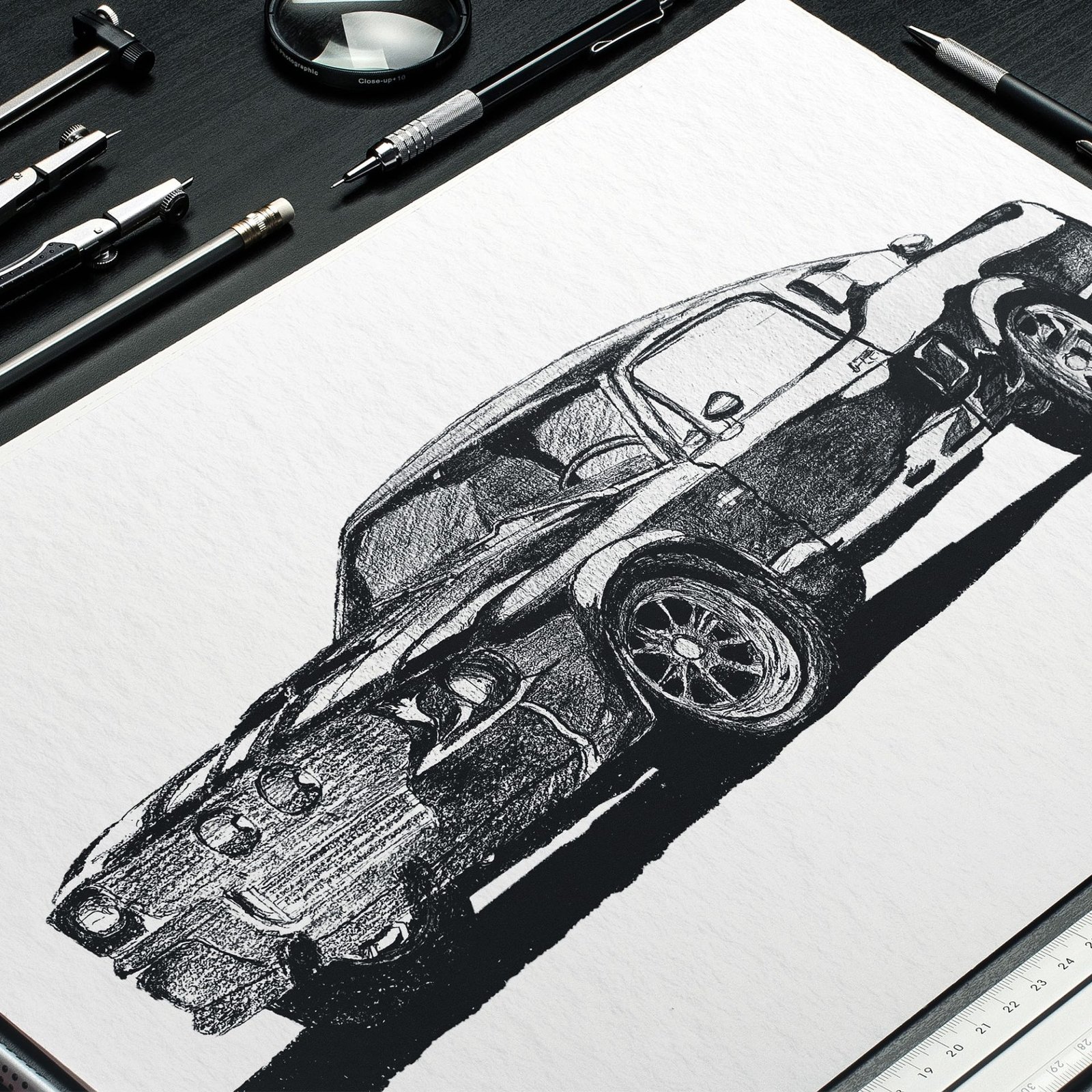 Pencil drawing of a Ford Mustang GT in a sketchbook.