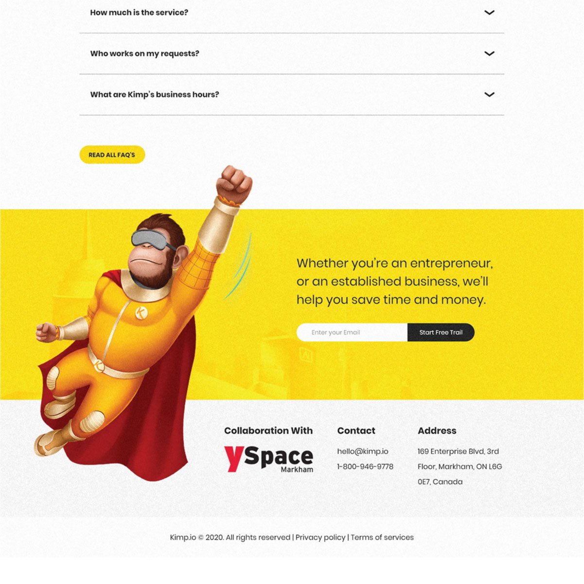 Kimp.io website redesign, page section 7 of 7.