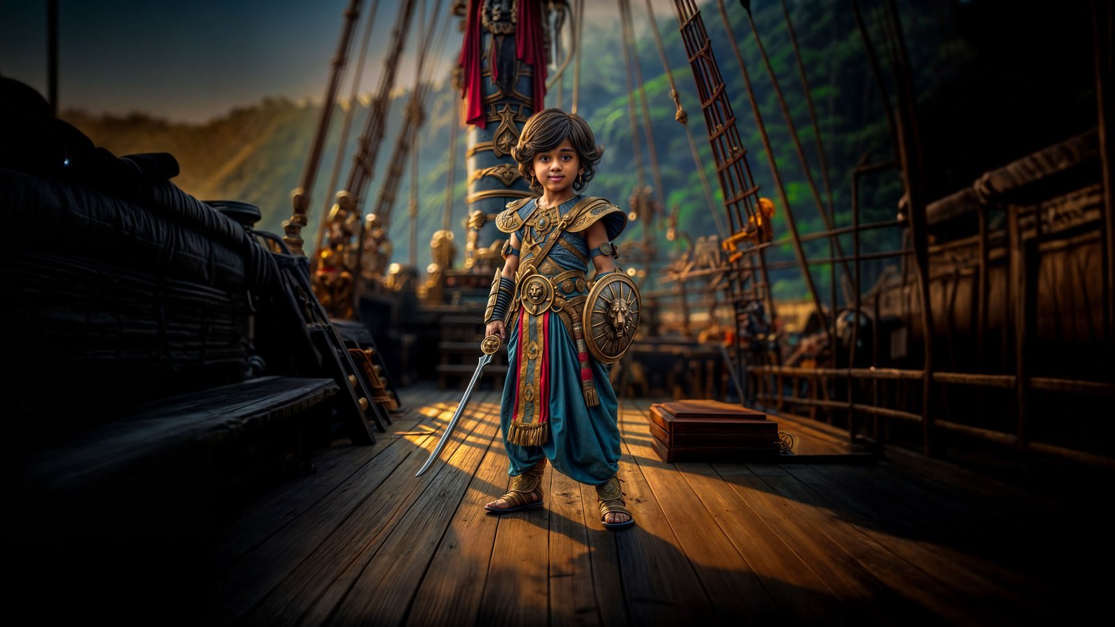 A boy in ornate warrior armour with a sword and shield stands on the wooden deck of an old sailing ship at golden hour.