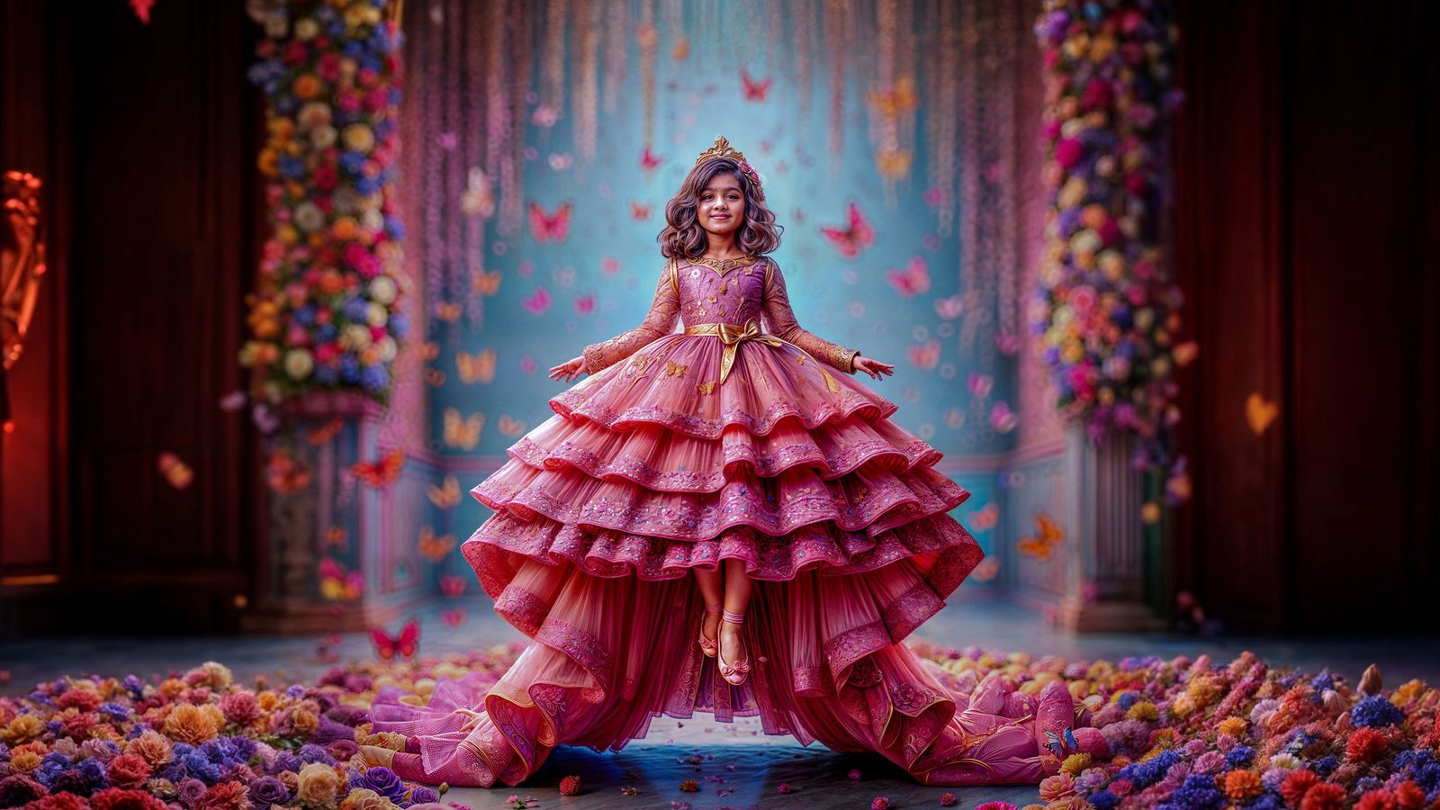 A girl in a tiered pink ball gown and tiara stands on a flower-covered stage with butterflies and floral pillars.