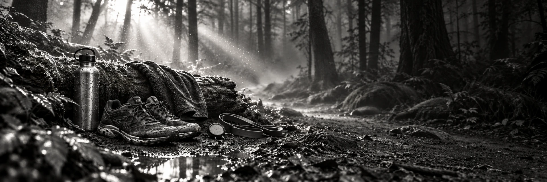 Running shoes, a water bottle, a resistance band and a stopwatch on a mossy log in a forest clearing at sunrise