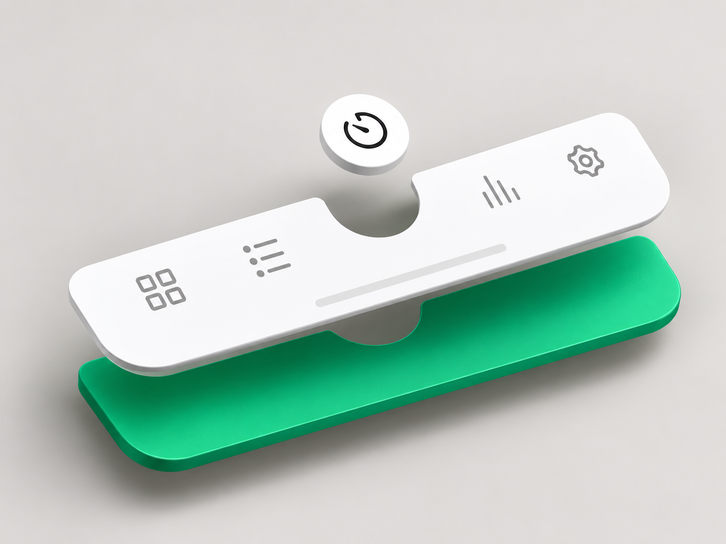 Rendered phone tab bar with a white navigation strip and a raised, selected clock icon on a green base.