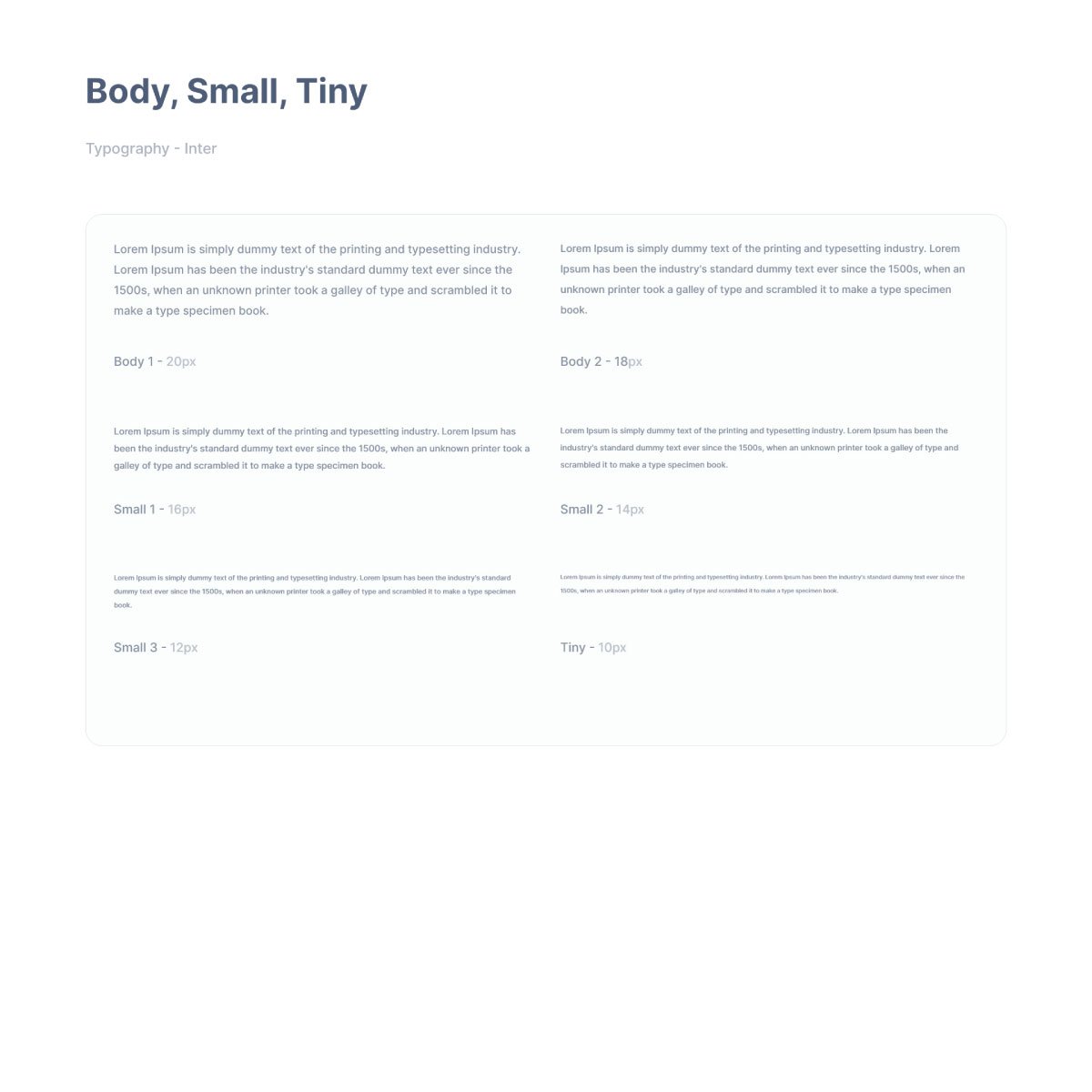 Sales Analytics Dashboard style guide: Typography — body, small and tiny text.