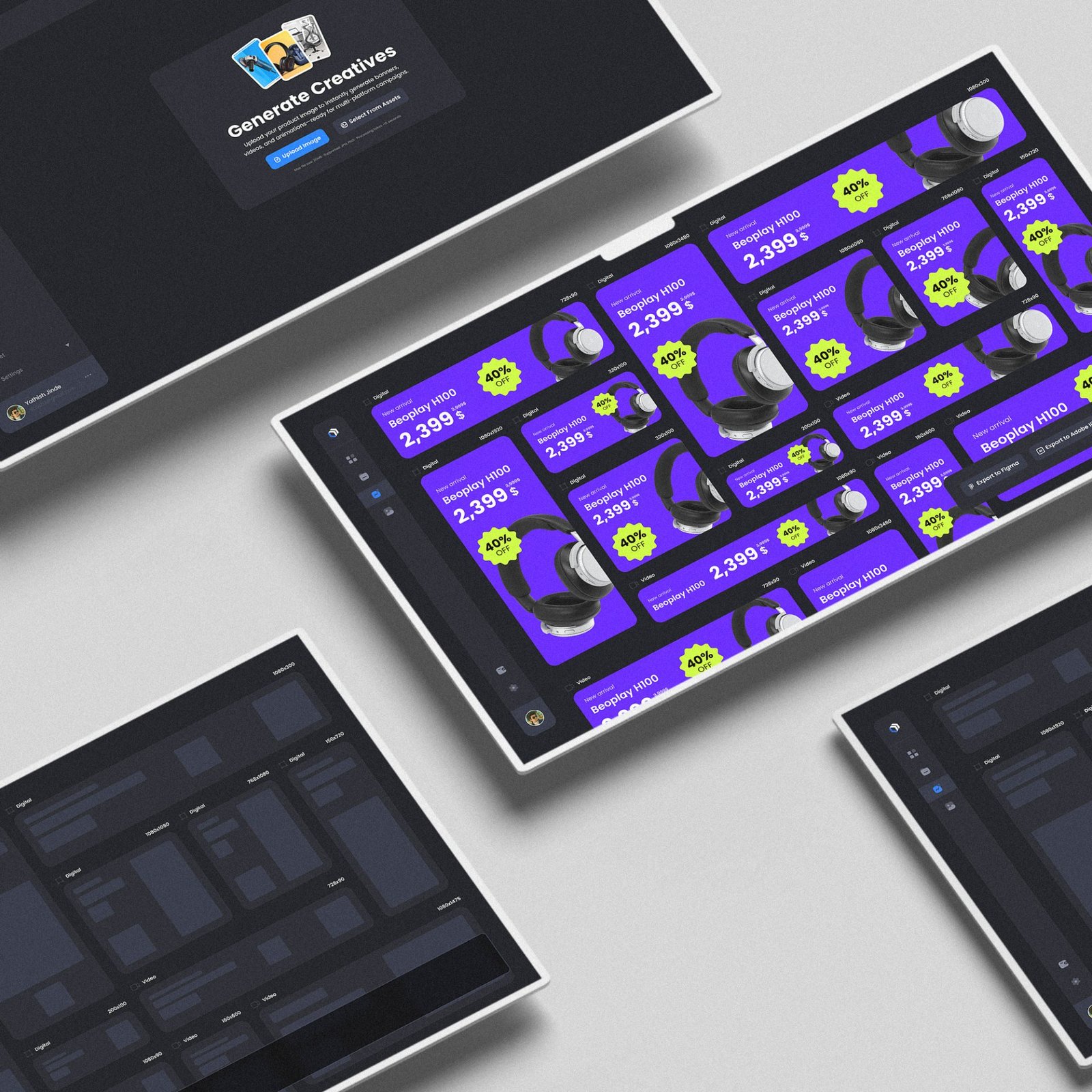 The Flecto interface shown on a large display, with one creative adapted into multiple ad formats.