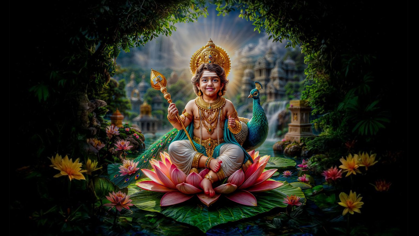 A child as young Murugan, holding a golden spear, sits on a pink lotus beside a peacock in a garden with temples.