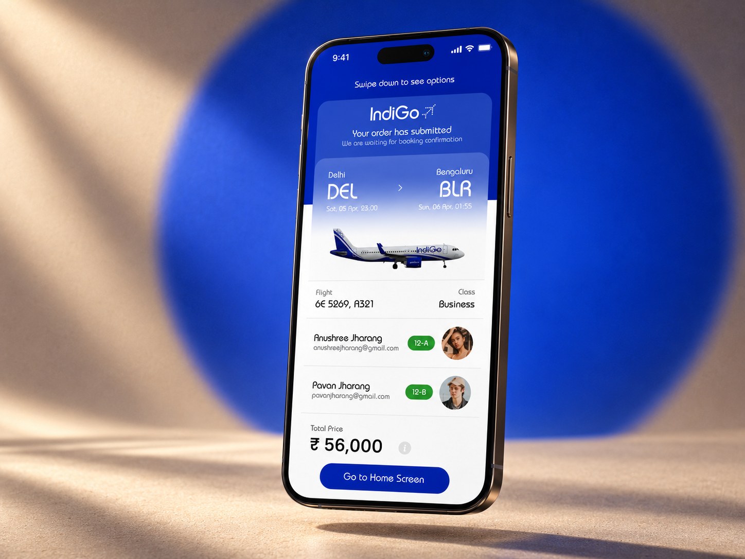 The IndiGo booking confirmation screen with passenger details and total price on a floating phone.