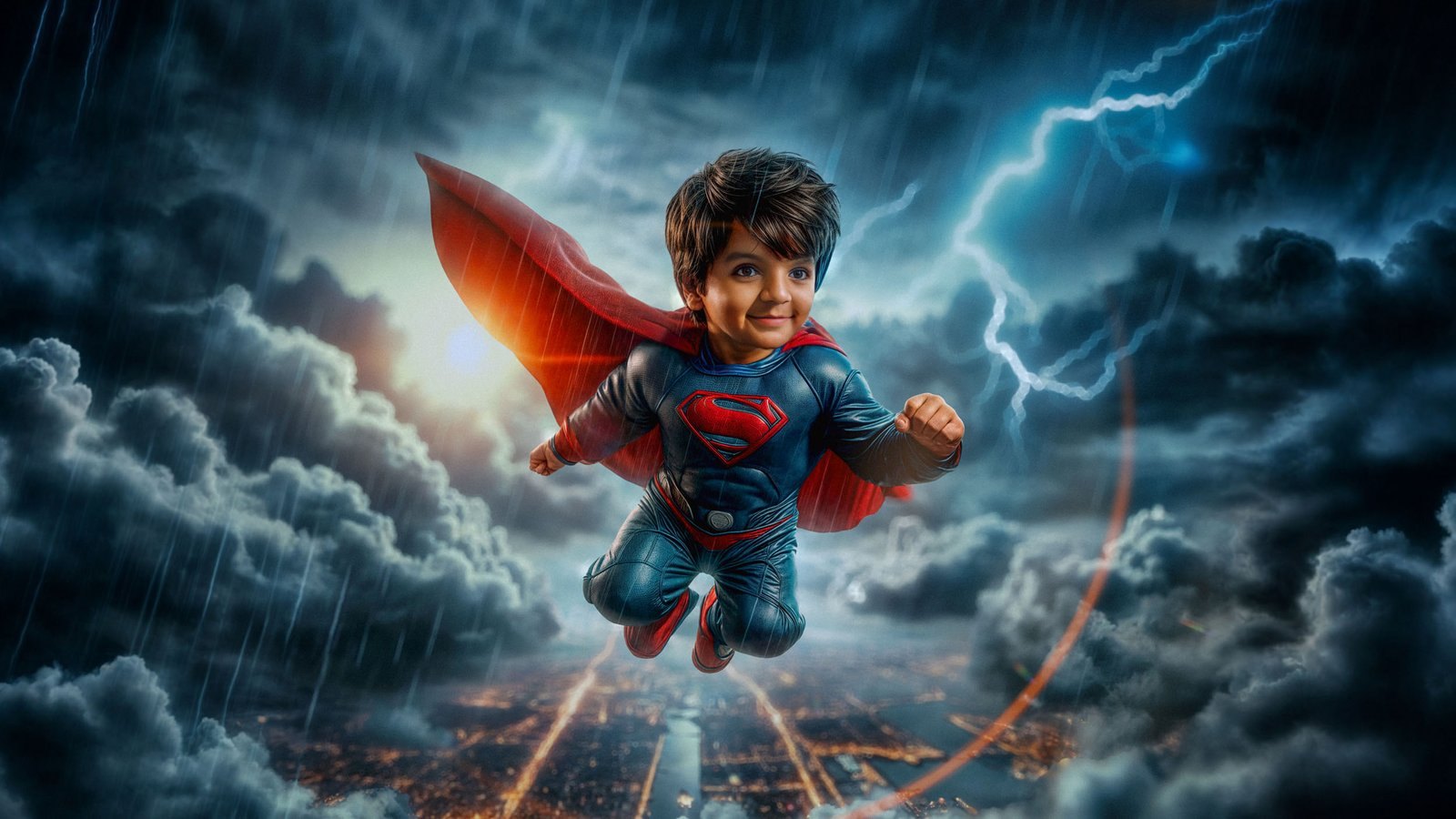 A boy in a superhero suit and red cape flies through dark storm clouds and lightning above a city.