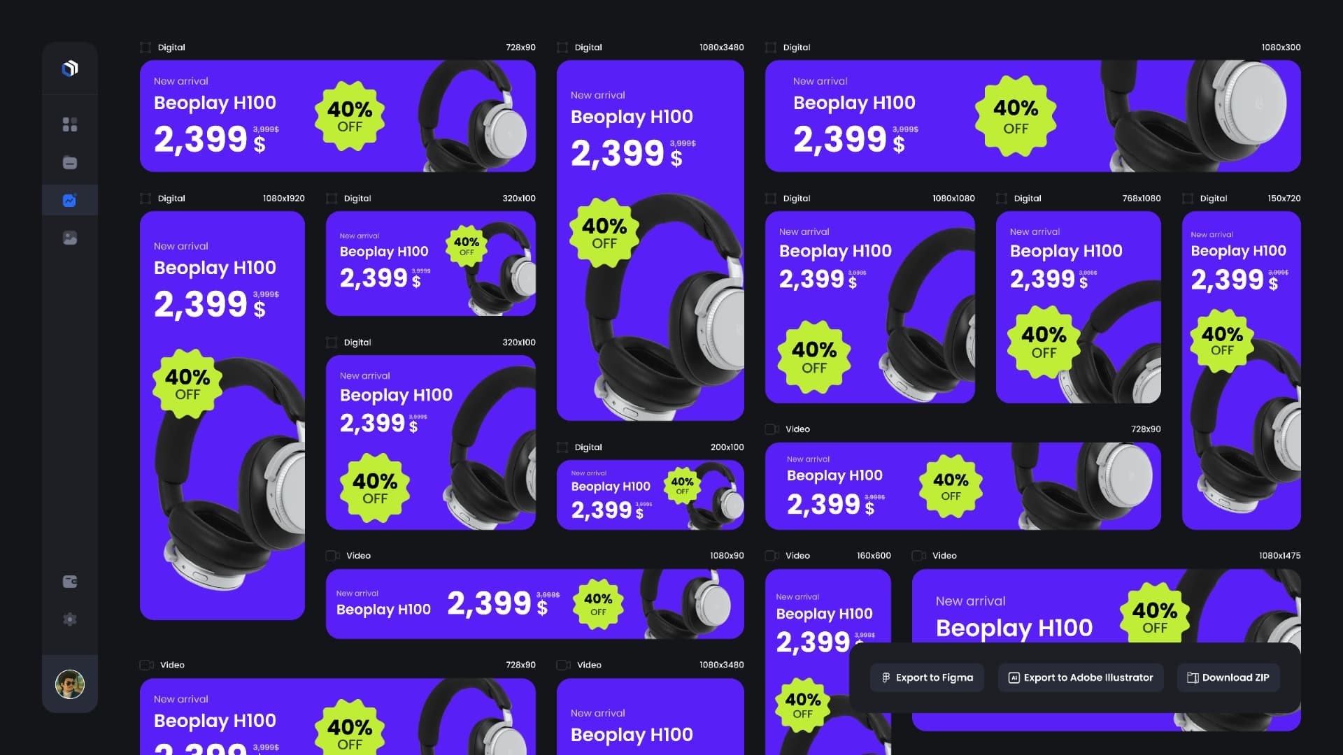 Generated ad creatives across multiple sizes, with export options for Figma, Adobe Illustrator and ZIP.