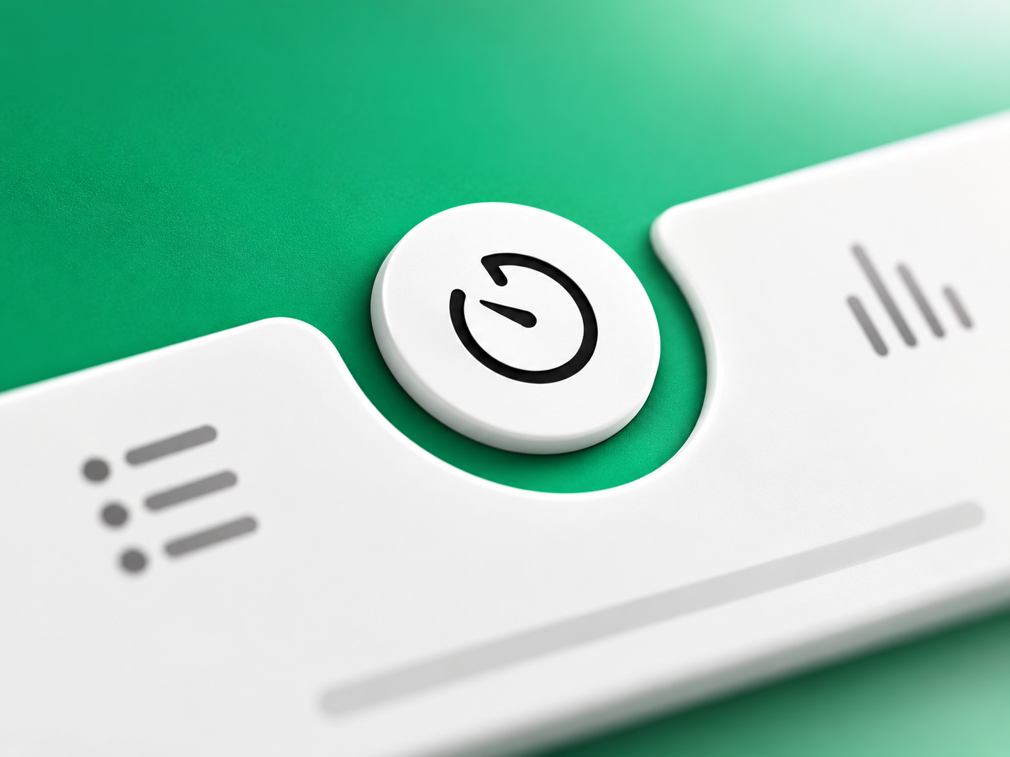 Close-up render of the selected clock tab icon lifting from the green tab bar.