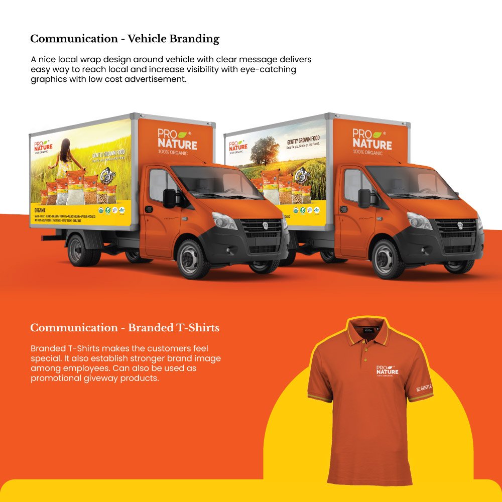 Pro Nature brand identity: Vehicle branding and T-shirts.