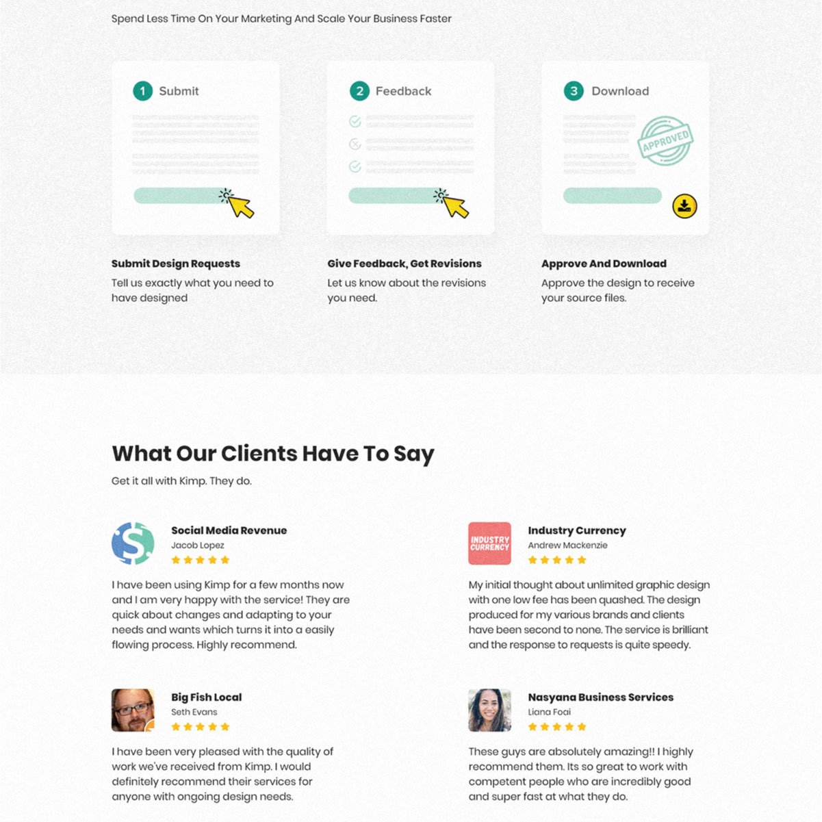 Kimp.io website redesign, page section 3 of 7.