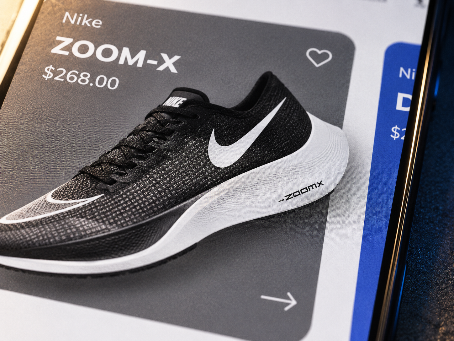 Close-up of the Nike ZOOM-X product card with price and favourite button.