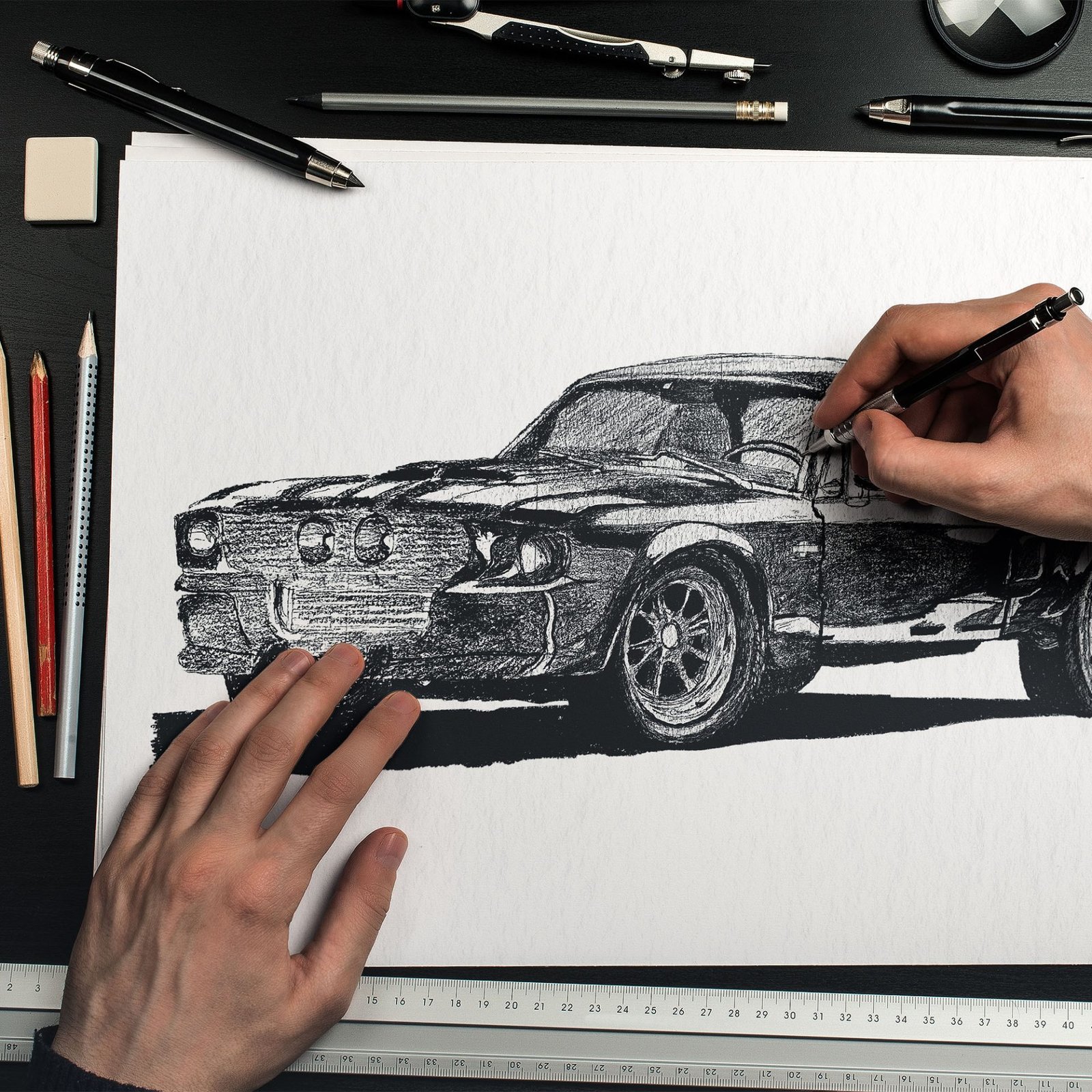 Pencil drawing of a Ford Mustang GT in a sketchbook, second view.