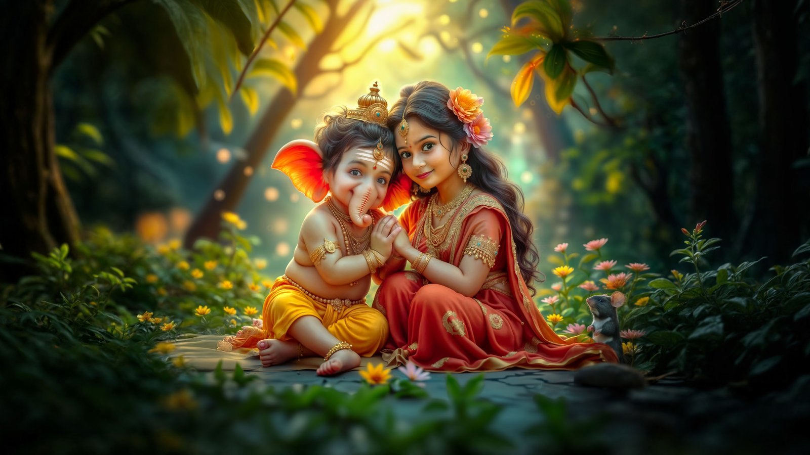 A child as baby Ganesha, with an elephant trunk and crown, sits cheek to cheek with a girl in a red sari in a lush forest.