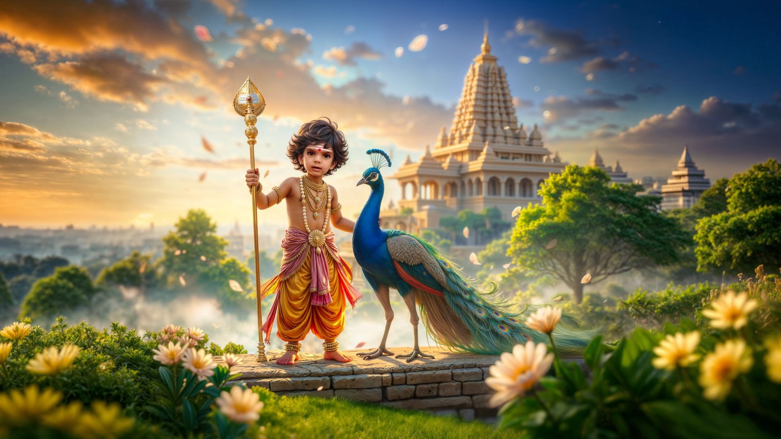 A child as young Murugan with a golden spear stands beside a peacock on a hillside, with a temple and sunset beyond.