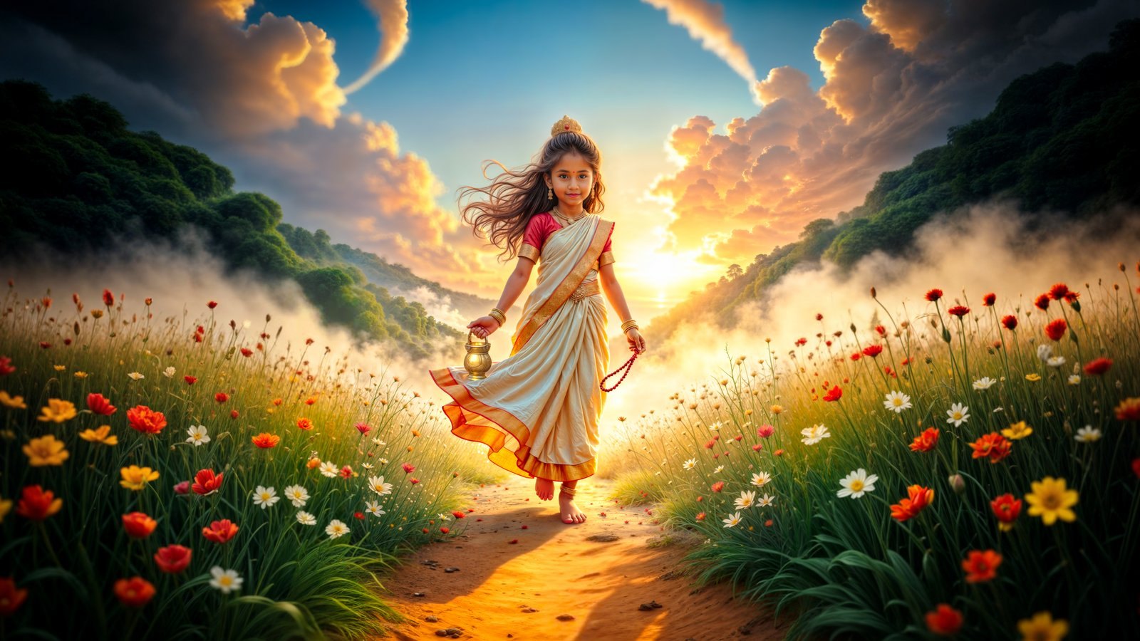 A girl in a cream and red sari walks barefoot along a sunlit path through a field of wildflowers.