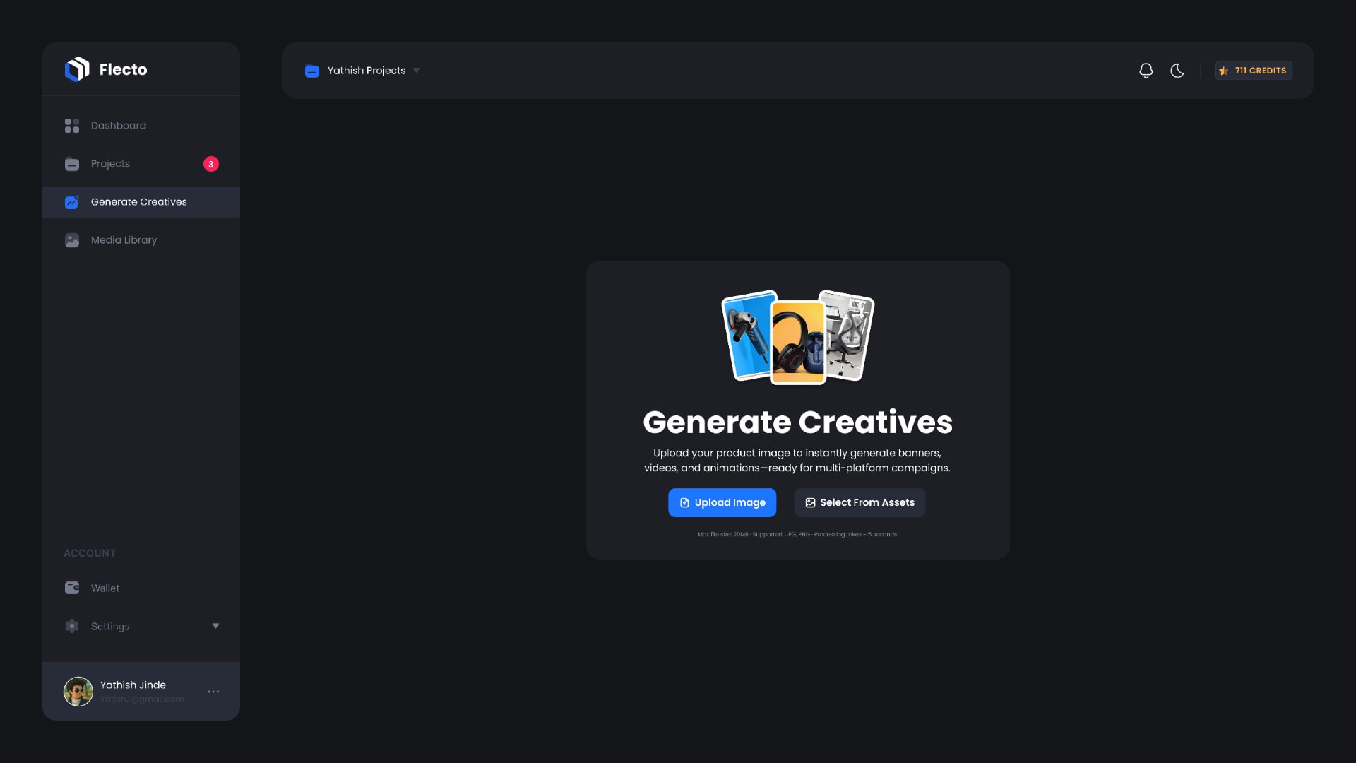 The Flecto Generate Creatives screen, where a product image is uploaded or picked from assets to start.