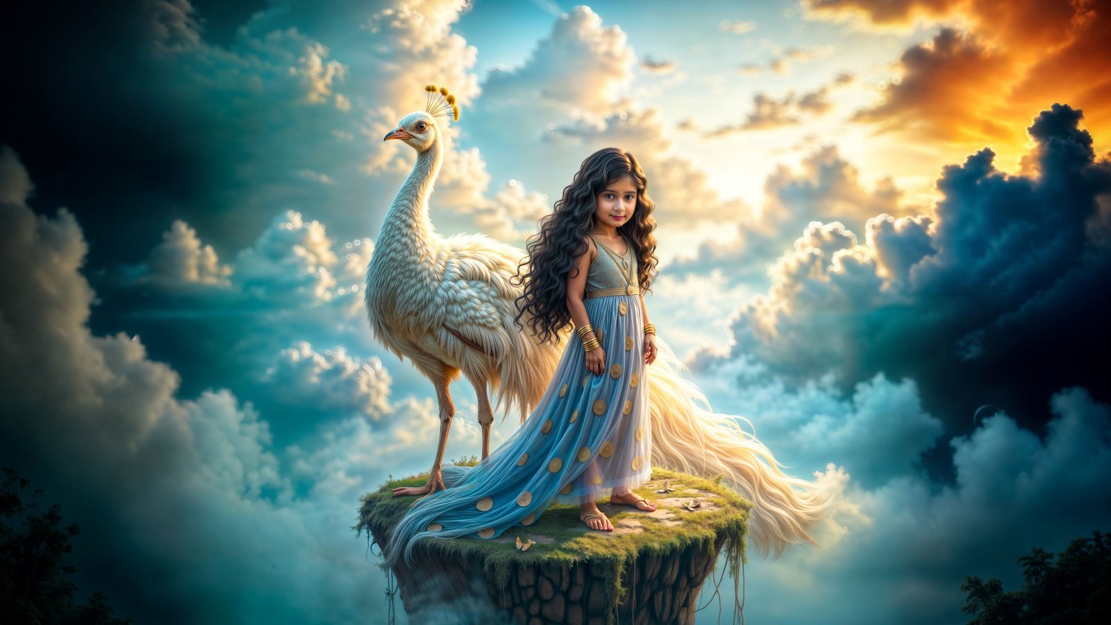 A girl with long curly hair in a pale blue gown stands beside a white peacock on a mossy rock above sunlit clouds.