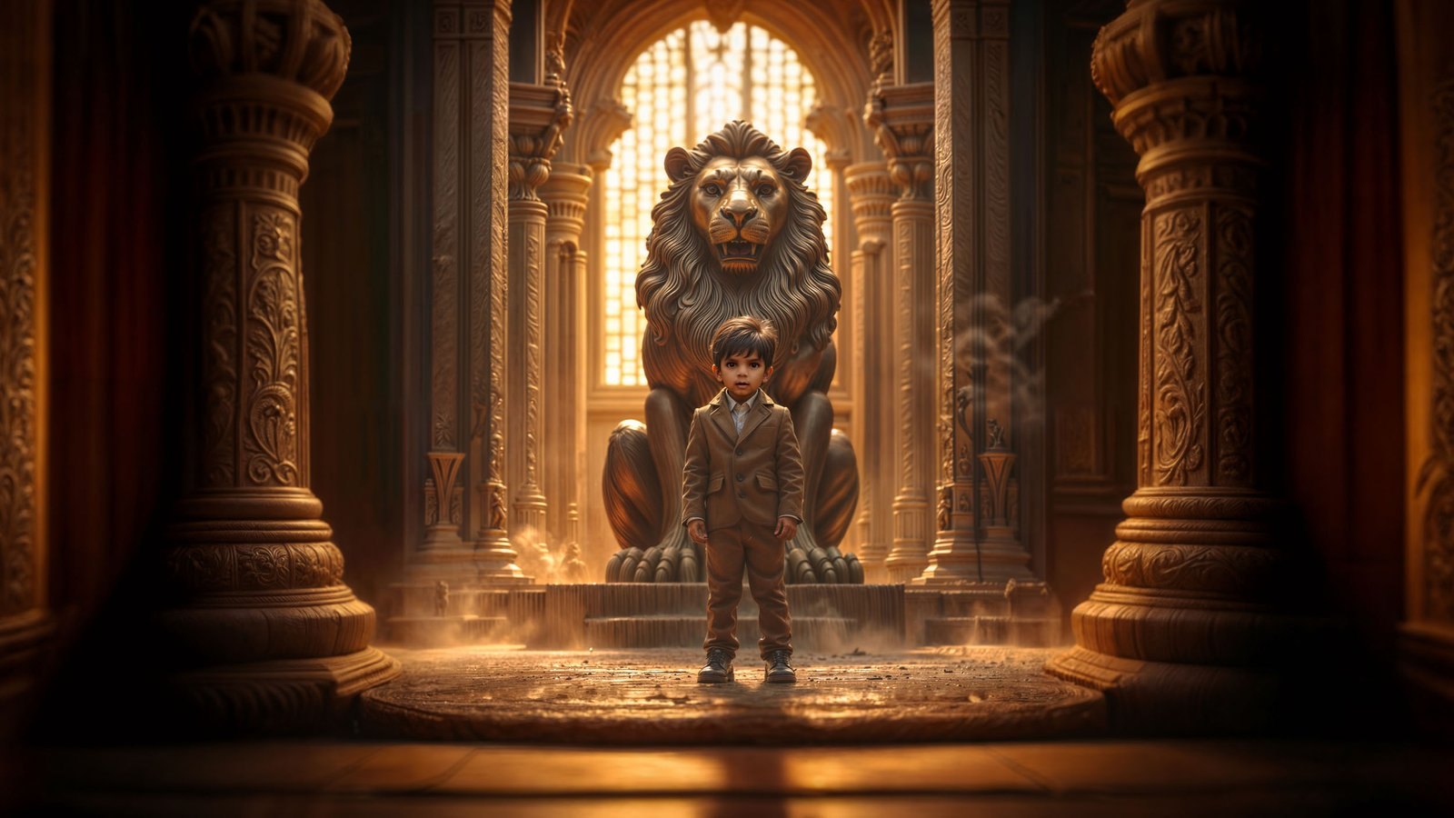 A boy in a brown suit stands before a giant carved lion statue inside a pillared, sunlit palace hall.