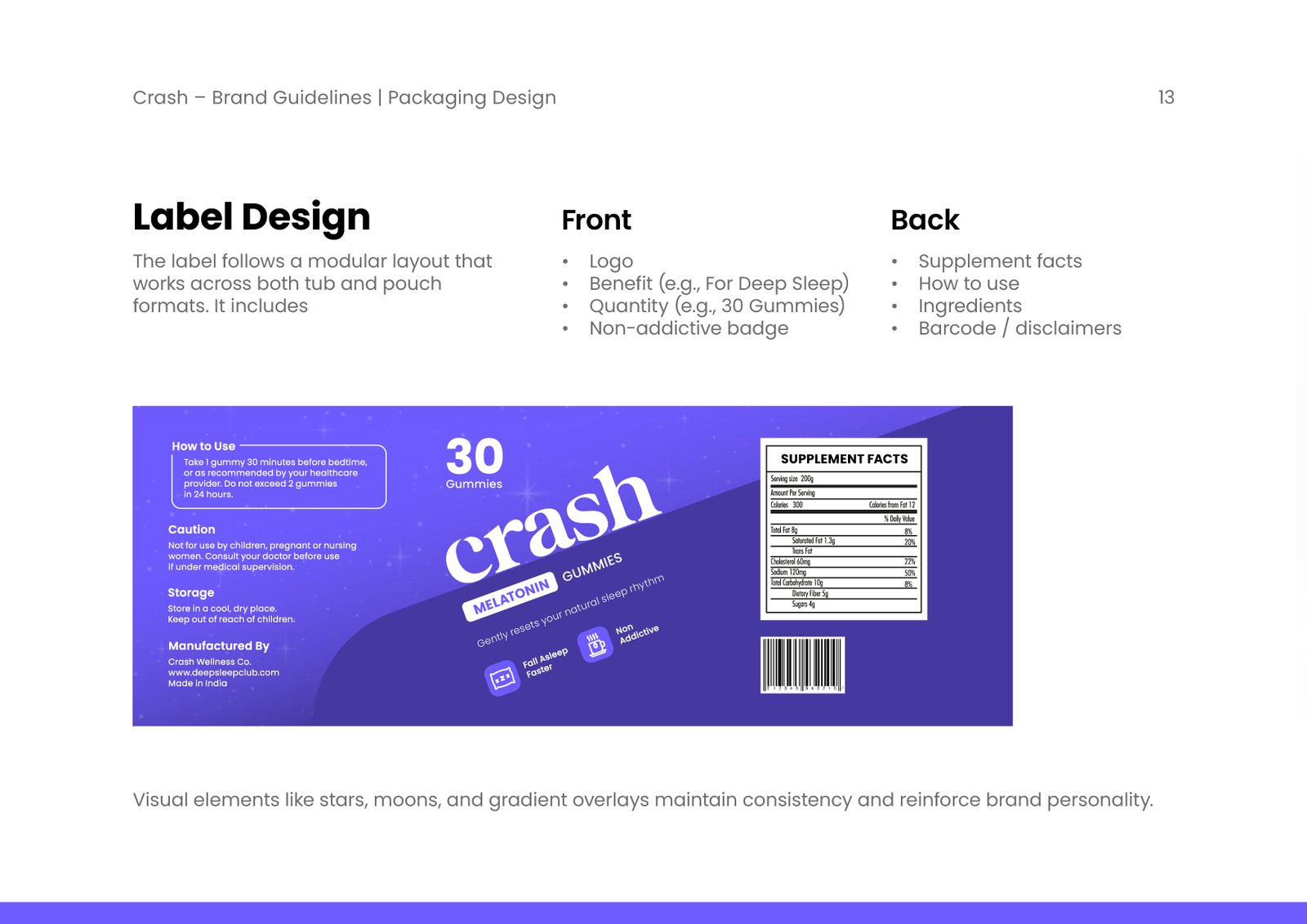 Crash Melatonin Gummies brand book, artboard 13 of 17.