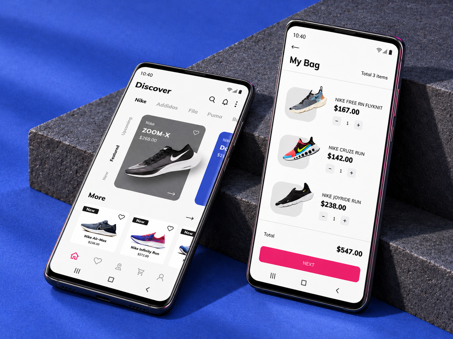 Two phones showing the sneaker app's Discover and My Bag screens on a blue surface.
