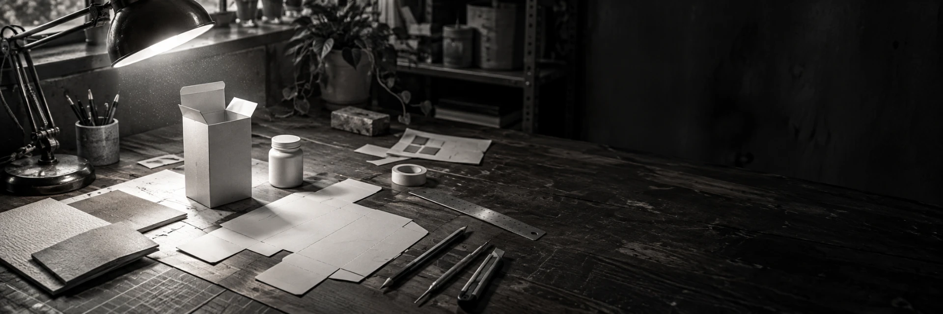 A design workbench with a lamp, packaging mockups, sketches and hand tools
