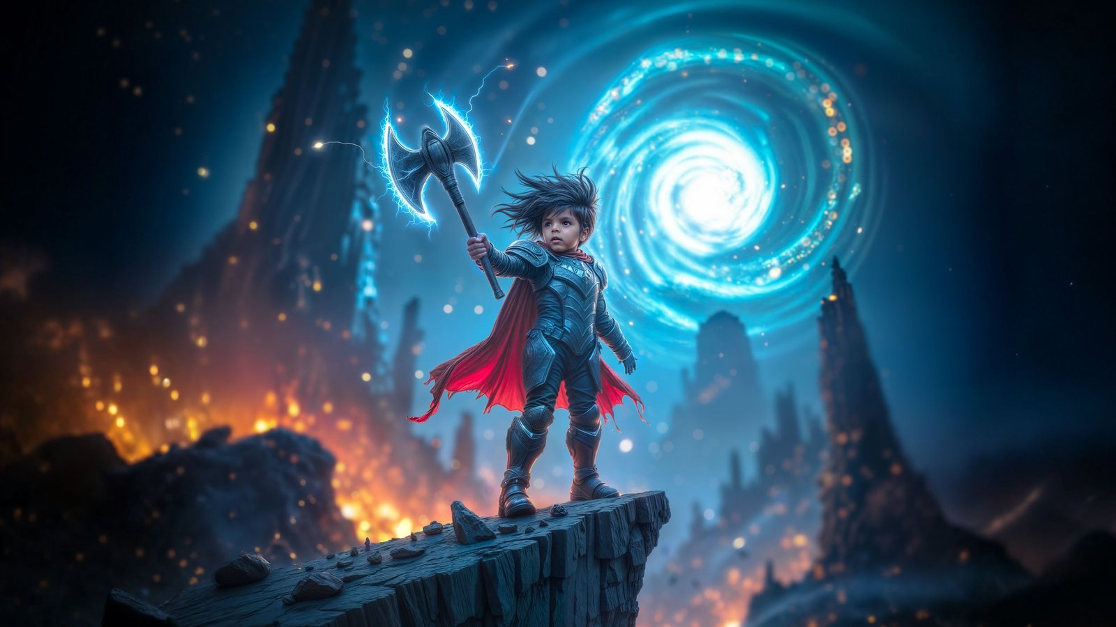 A boy in armour and a red cape raises a lightning-charged axe on a cliff edge beneath a glowing blue vortex.