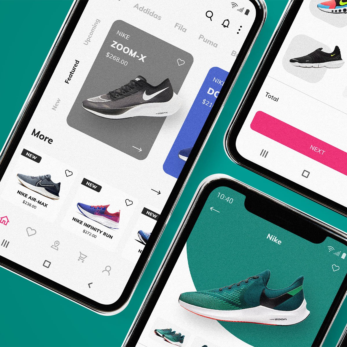 Sneaker shopping app screens shown on phone mockups.