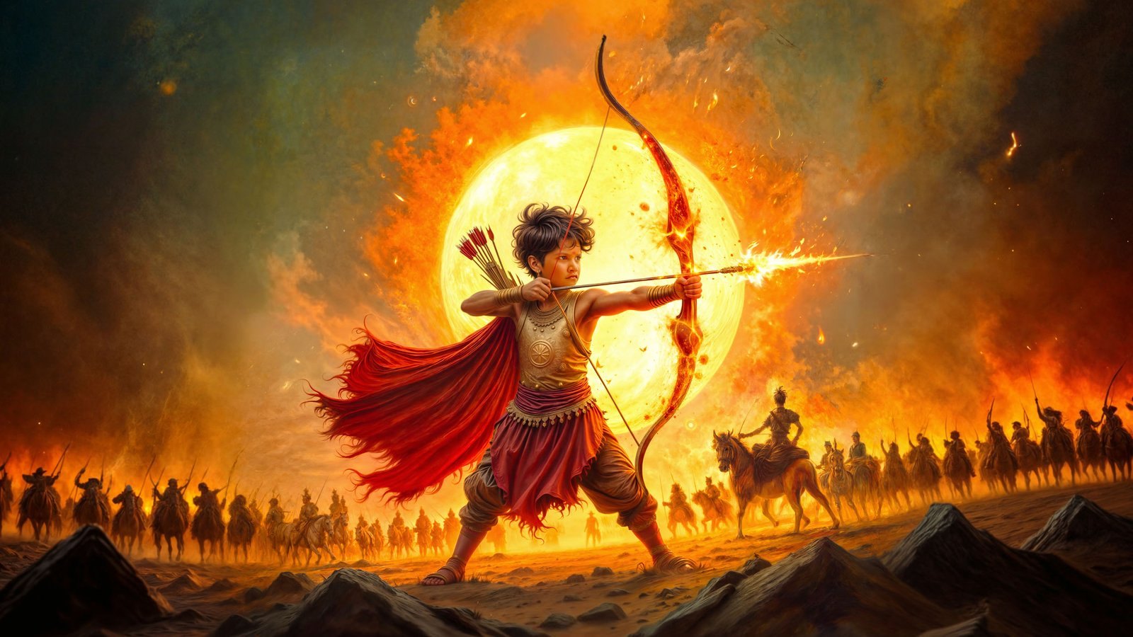 A young archer in red and gold draws a flaming bow before a blazing sun as cavalry charges behind him.