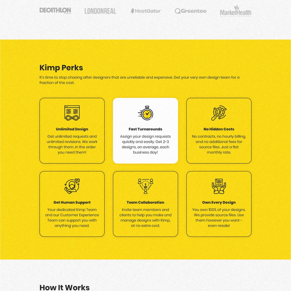 Kimp.io website redesign, page section 2 of 7.