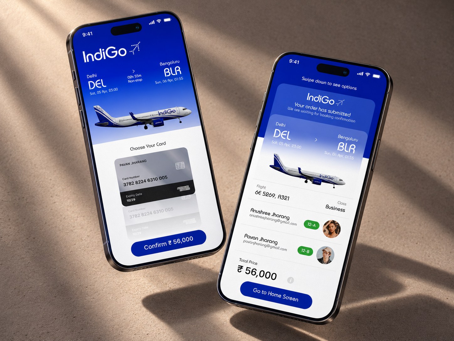 Two IndiGo concept mockups: the card-selection payment screen and the booking confirmation screen on angled phones.