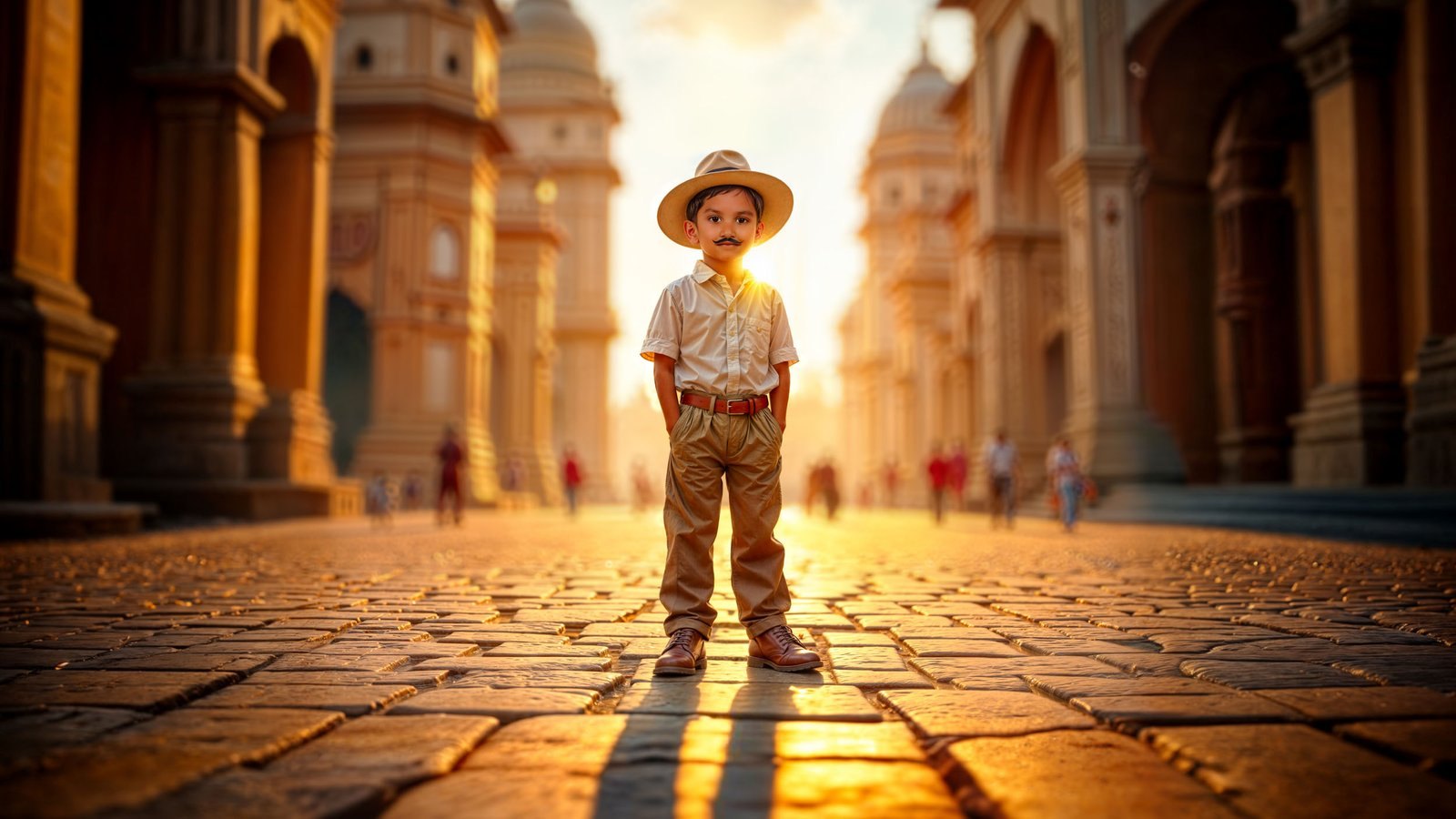 A boy with a moustache, hat, shirt and trousers stands on a cobbled street lined with grand sandstone buildings at sunset.