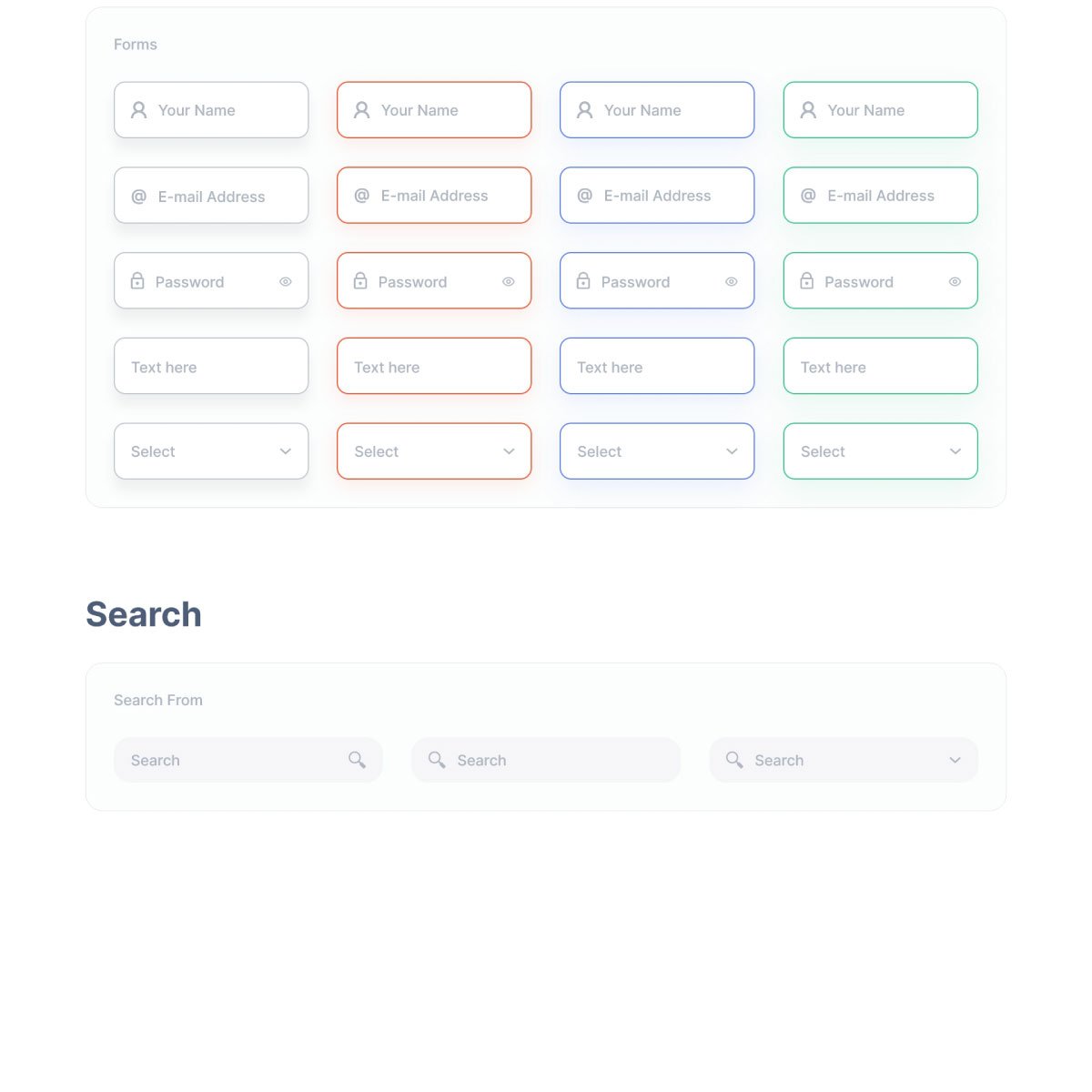 Sales Analytics Dashboard style guide: Components — text inputs and search.